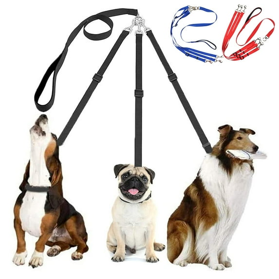 3 in 1 Dog Leashes Multi Pet Leads 3 Way Dog Lead Splitter Pet Triple Lead Coupler Adjustable Detachable Nylon Traction Rope for One/Two/Three Dog Cats Pet Walking/Red