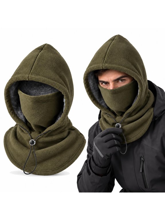 3 in 1 Double Layer Fleece Hooded Integrated Winter Hat Balaclava Mask One Piece Flannel Warm Face Neck Gaiter Cover Adjustable Windproof Drawstring for Skiing Cycling Men Women