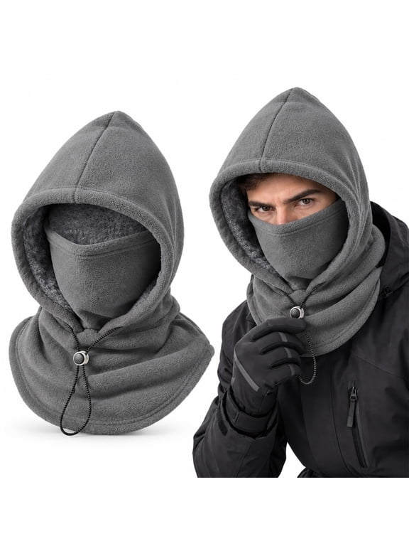 3 in 1 Double Layer Fleece Hooded Integrated Winter Hat Balaclava Mask One Piece Flannel Warm Mask Hat Face Neck Gaiter Cover Adjustable Windproof Drawstring Fit for Skiing Cycling Men Women