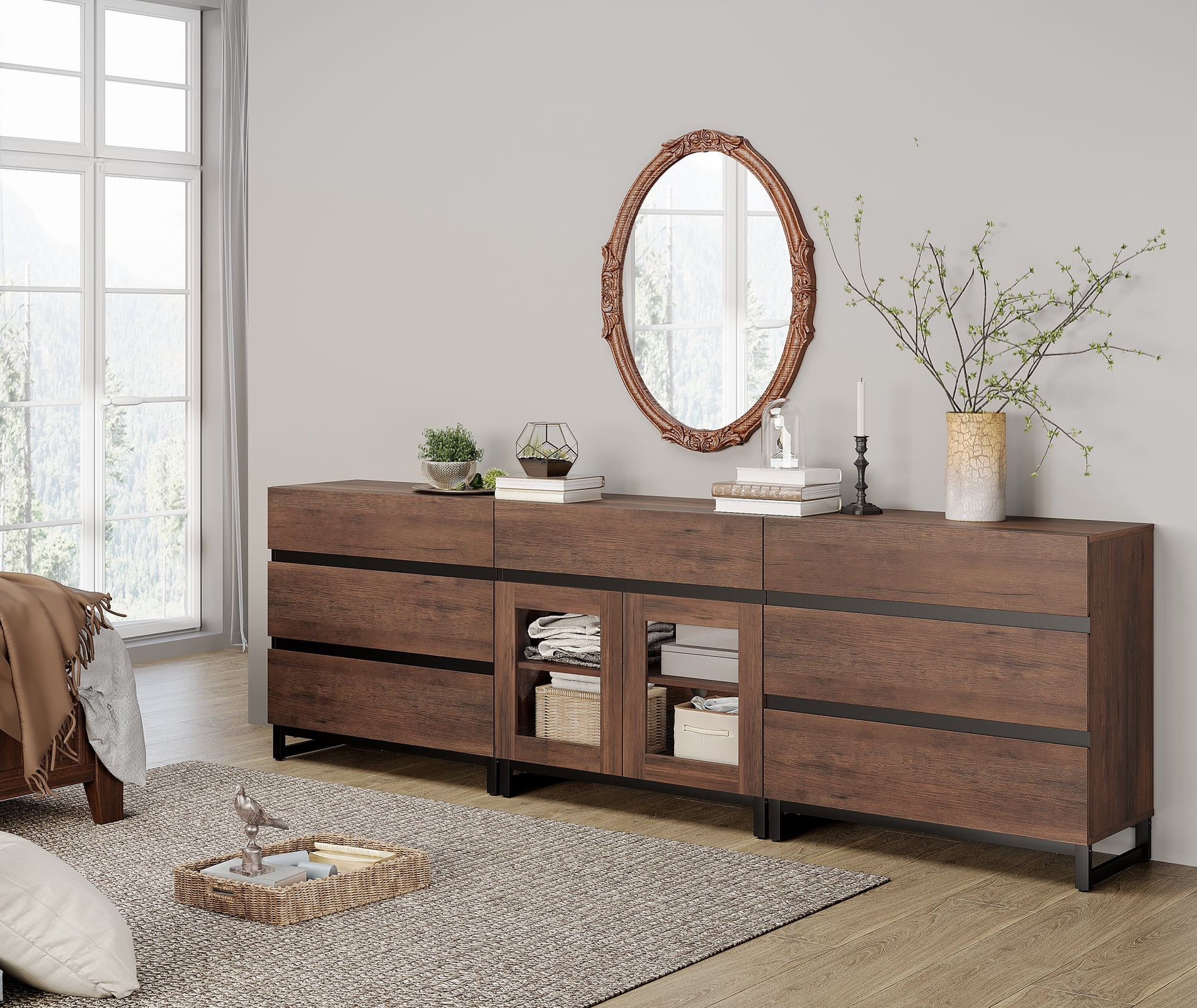 3 In 1 Dresser with Glass Doors & 7 Drawers, Modern Storage Chest with Adjustable Shelf and Metal Base, Multi-purpose Bedroom Closet Organizer Cabinet,Brown