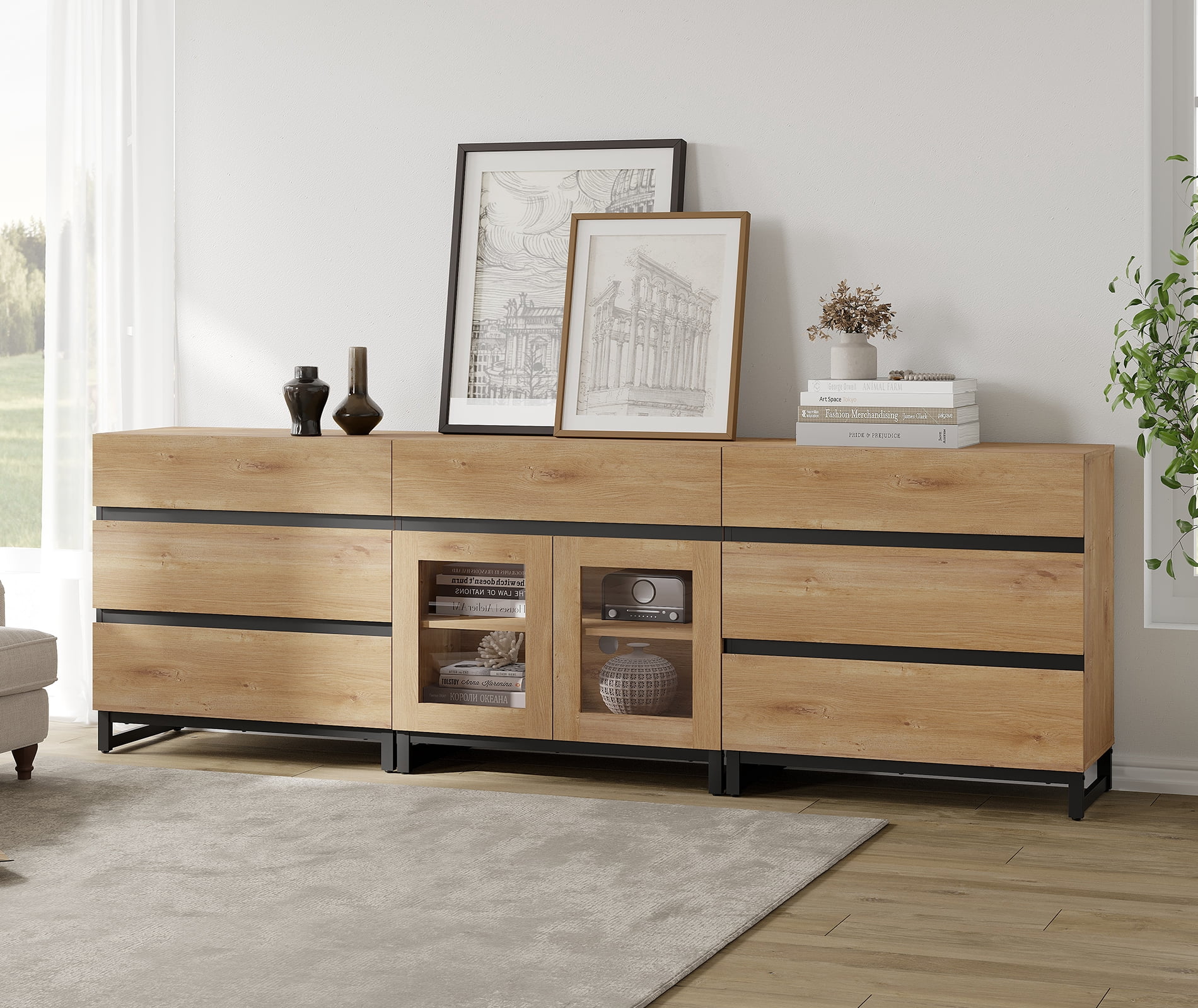3 In 1 Dresser with Glass Doors & 7 Drawers, Modern Storage Chest with Adjustable Shelf and Metal Base, Multi-purpose Bedroom Closet Organizer Cabinet,Oak