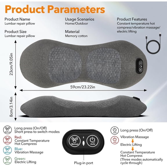 3 in 1 Electric Lumbar Massager Support Pillow, Back Massager with Heat, Adjustable Height for Bed and Chair,Back Support Pillow for Lower Back Pain Relief and Spine Support