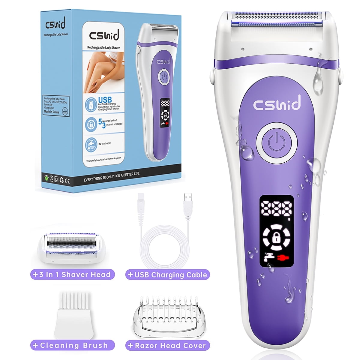 3 IN 1 Womens Electric Razor, Painless Lady Shaver Waterproof Wet & Dry Low Noise Body Hair Remover Epilator Bikini Trimmer Grooming Kit W/ LED Display for Leg Arm Armpit Underarms
