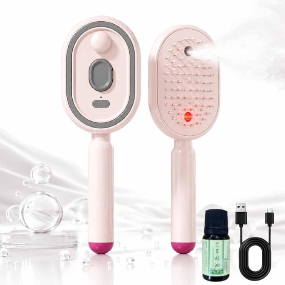 3 in 1 Electric Steam Spray Hair Brush, Anti-Tangle Straightening Comb with Ultra Fine Mist Hydration & Scalp Massage, Portable Hot Steam Hair Styling Tool for Dry Curly Damaged Hair(Pink)