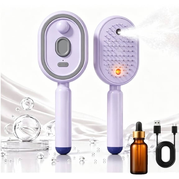 3 in 1 Electric Steam Spray Hair Brush, Anti-Tangle Straightening Comb with Ultra Fine Mist Hydration & Scalp Massage, Portable Hot Steam Hair Styling Tool for Dry Curly Damaged Hair(Purple)