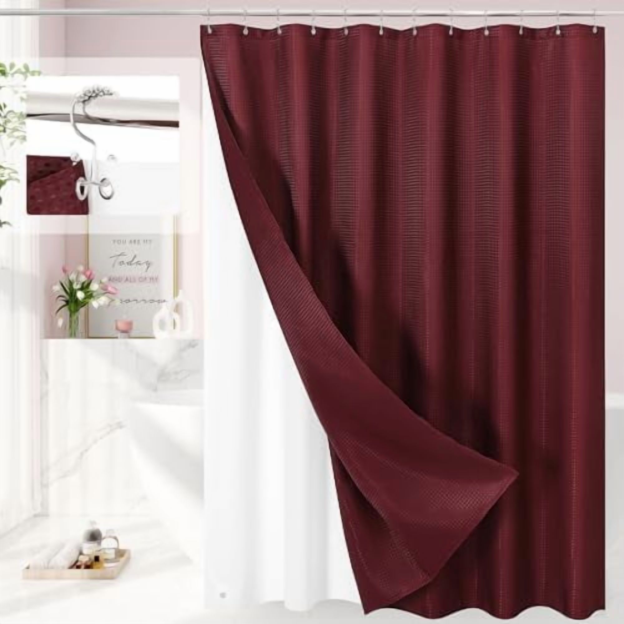 3 in 1 Extra Long Burgundy Shower Curtain Set-72 W x 84 H, Modern ...