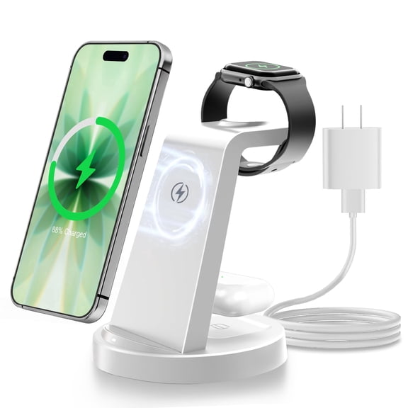 Charging Station, 18W Wireless Charger Compatible with iPhone 17 16 15 14 13 12, Wireless Phone Charger for Airpods 4 3 2 Pro, for iWatch Series, Charging Station for Multiple Devices, White