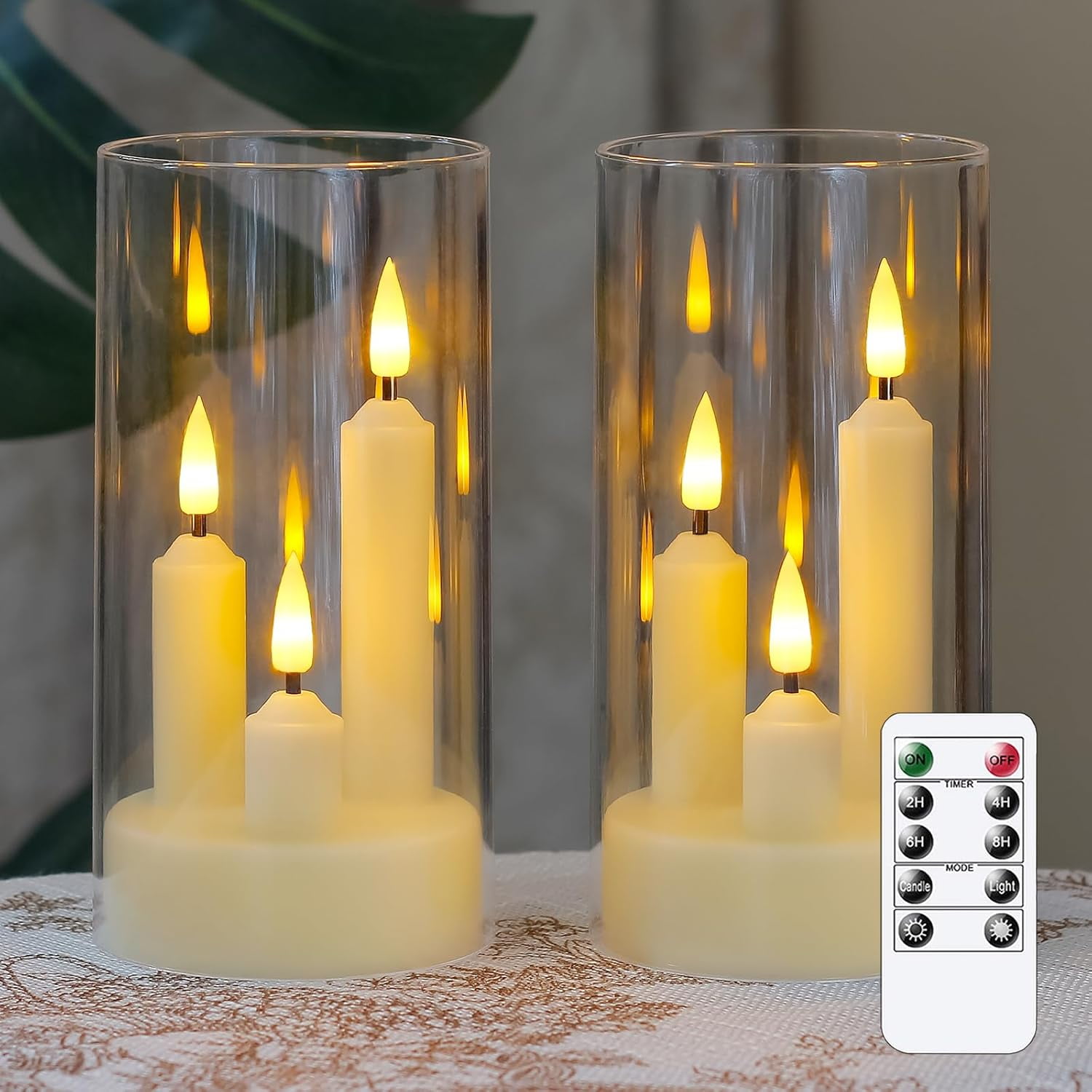 3 in 1 Flameless Taper Short Candles with 10 Key Remote Control and Timer, Battery Operated Pack of 2 LED Acrylic 3" x6" White Pillar Flickering Warm Light