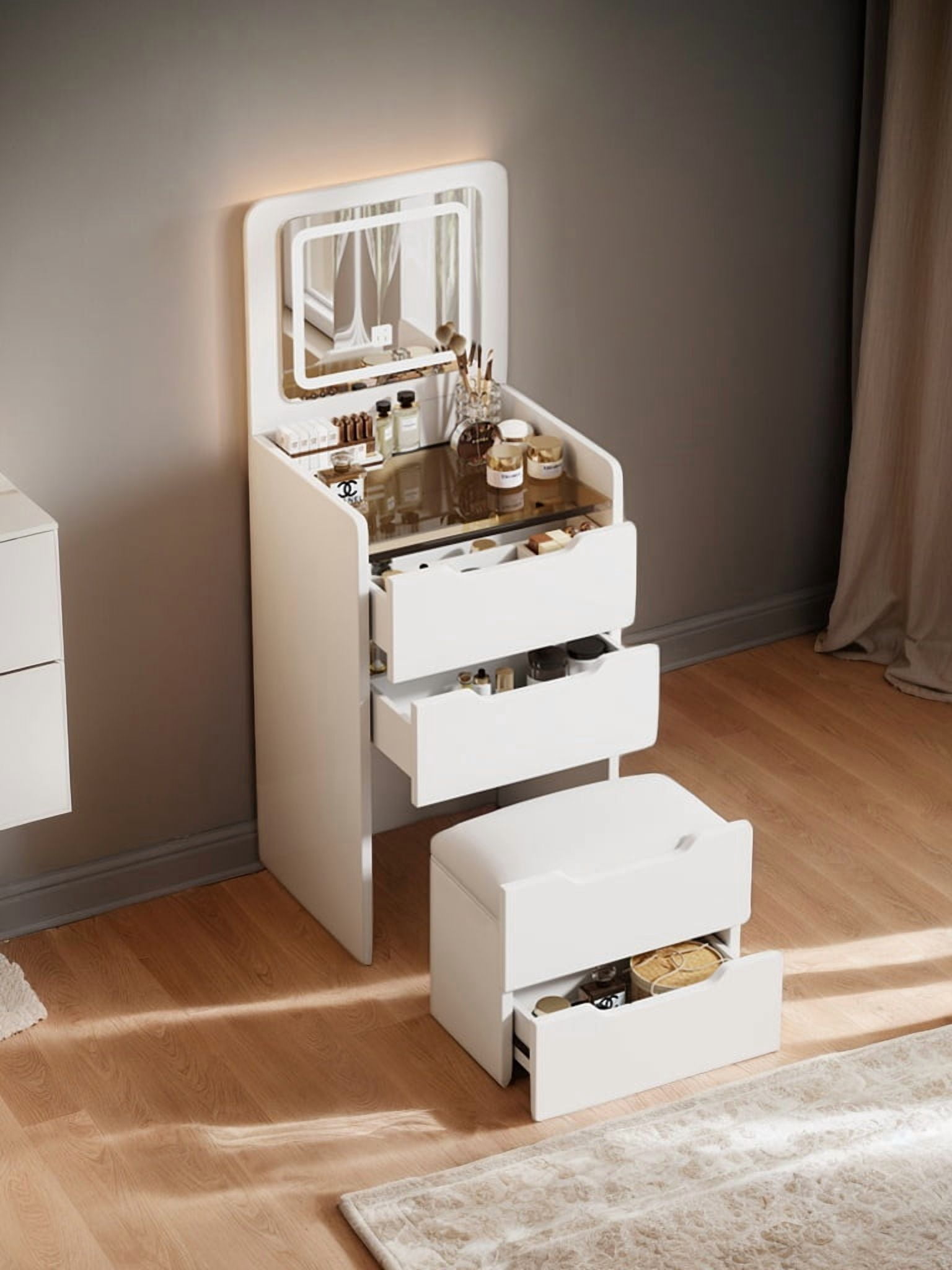 3 in 1 Flip Top Vanity Desk with Mirror, Clear Visible Glass Desktop Compact Makeup Vanity Set with 3 Drawers & Stool, Multifunctional Dressing Table for Small Bedroom