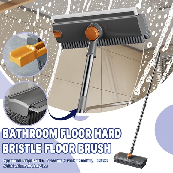 3 in 1 Floor Scrub Brush,Floor Scrubber with Squeegee and Tweezer, Push Broom with Long Handle Heavy-Duty Stiff 90° Bristle Broom for Patio Shower Garage Deck Tile Concrete & Wood Surface Black