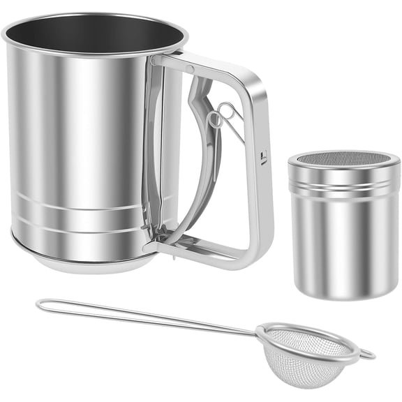 3 in 1 Flour Sifter for Baking, 3 Cup Stainless Steel Double Layer Fine Mesh Sifter, Flour Shaker Duster with Lid, Powdered Sugar Spice Sifters Spoon, Handheld Flours Sieve for Cooking Cakes Desserts