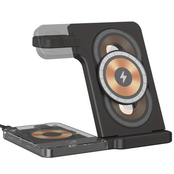 3 in 1 Foldable 15W Fast Wireless Charger Stand - Smartphone Holder - Transparent Panel Charger - Wireless Charging Station for iPhone, Apple Watch, AirPods Pro and Samsung Phones