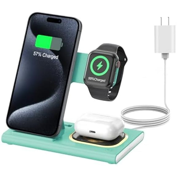 3 in 1 Foldable Charging Station for Apple Products,Fast Wireless Charger Travel Dock Adapter&Light for iPhone 16/15/14/13/12/11/X/XS,for iWatch 10/9/8/7/Ultra2/Ultra,for AirPods 4/3/2/Pro/2(Green)