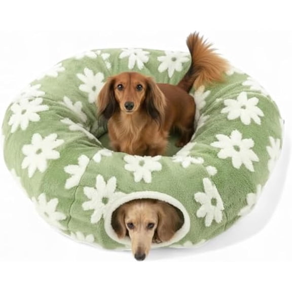 3 in 1 Foldable Dog Tunnel Bed, Plush Sherpa Burrow Bed for Dachshund Small Dogs Cats, Multi Shape Play Tunnel Cozy Pet Sleeping Nest with Pom Pom Toy