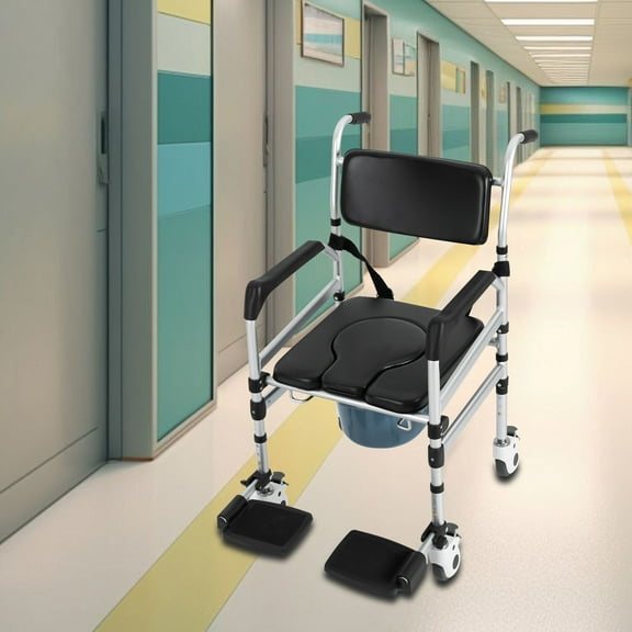 3 in 1 Foldable Height Adjustable Shower Wheelchair, Accessibility Commode Wheelchair with Flip-Up Footrests, Transport Rolling Chair for Elderly, Disabled, Adults