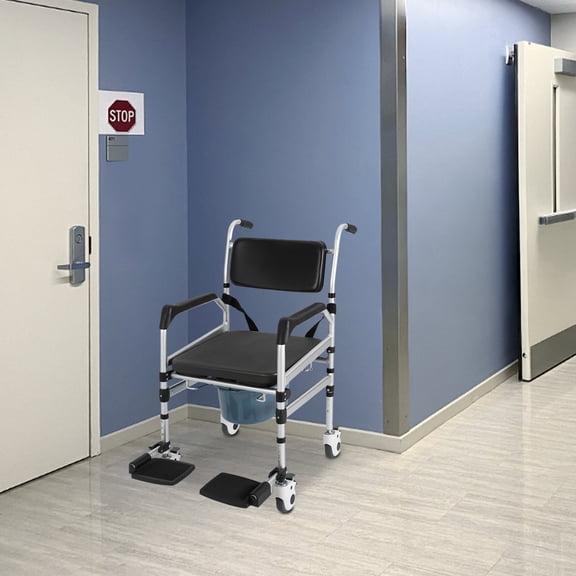 3 in 1 Foldable Height Adjustable Shower Wheelchair, Accessibility Commode Wheelchair with Flip-Up Footrests, Transport Rolling Chair for Elderly, Disabled, Adults