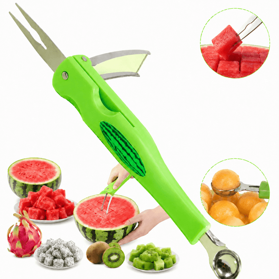 LU TANSHENG 3 in 1 Foldable Stainless Steel Watermelon Cutter, Multipurpose Fruit Slicer with Melon Baller Scoop for Melon Fruits