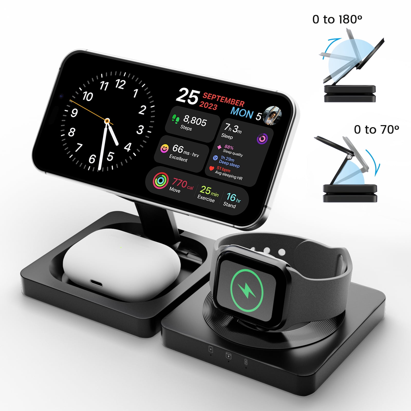 3 in 1 Foldable Wireless Charger, 15W Fast Charging Charger Compatible with iPhone 17 16 15 14 13 12, Portable Watch Charger for iWatch Series,for AirPods Pro 4 3 2 1 (Black)