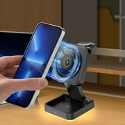 3 in 1 Foldable Wireless Charger Stand 15W Fast Charging Type-C Phone Watch Earbud Dock for Android iOS Magnetic Charging Protection Portable Travel LED Light