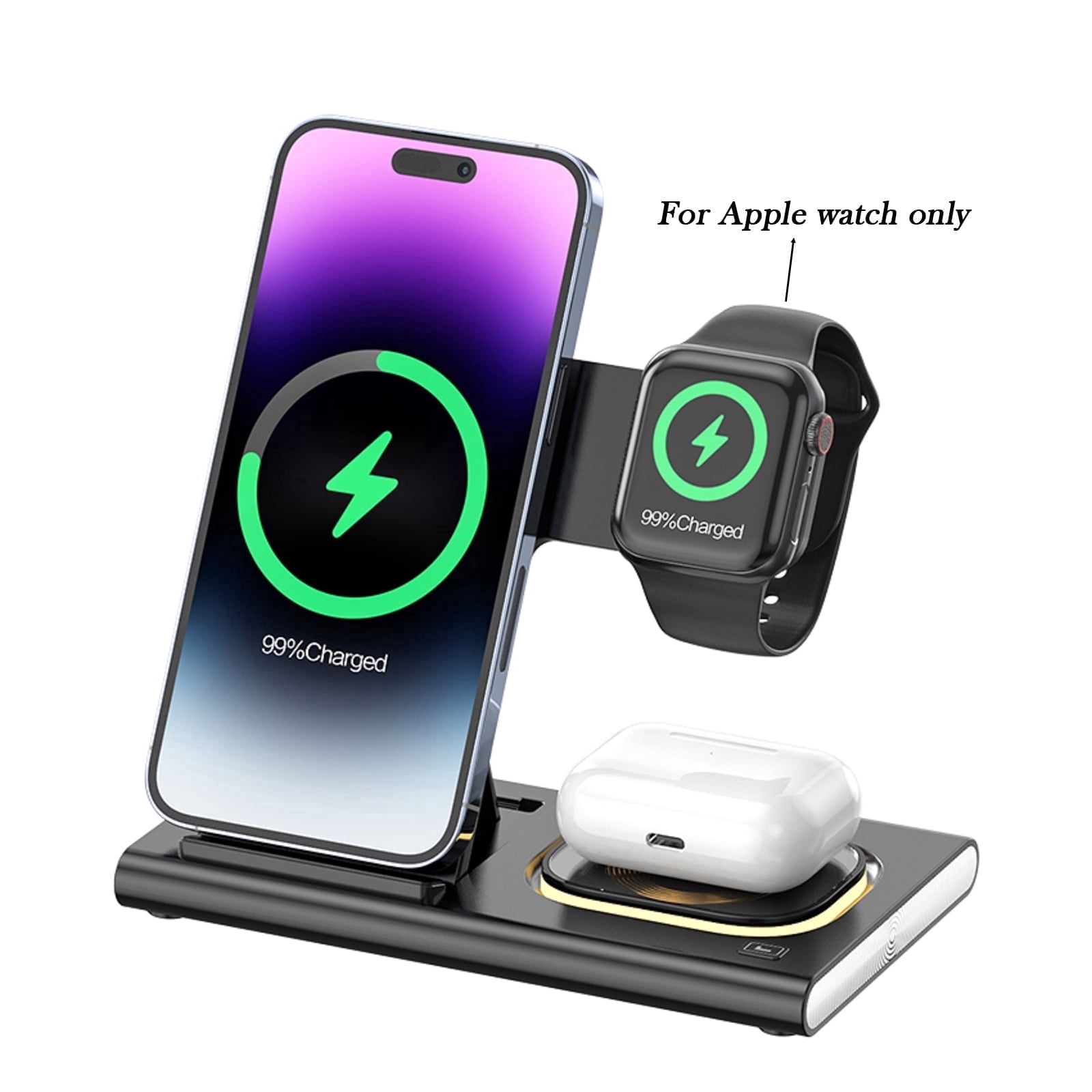 3-in-1 Foldable Wireless Charging Station with Light, Fast Charger Dock for Apple Watch, iPhone, AirPods & Samsung Phones