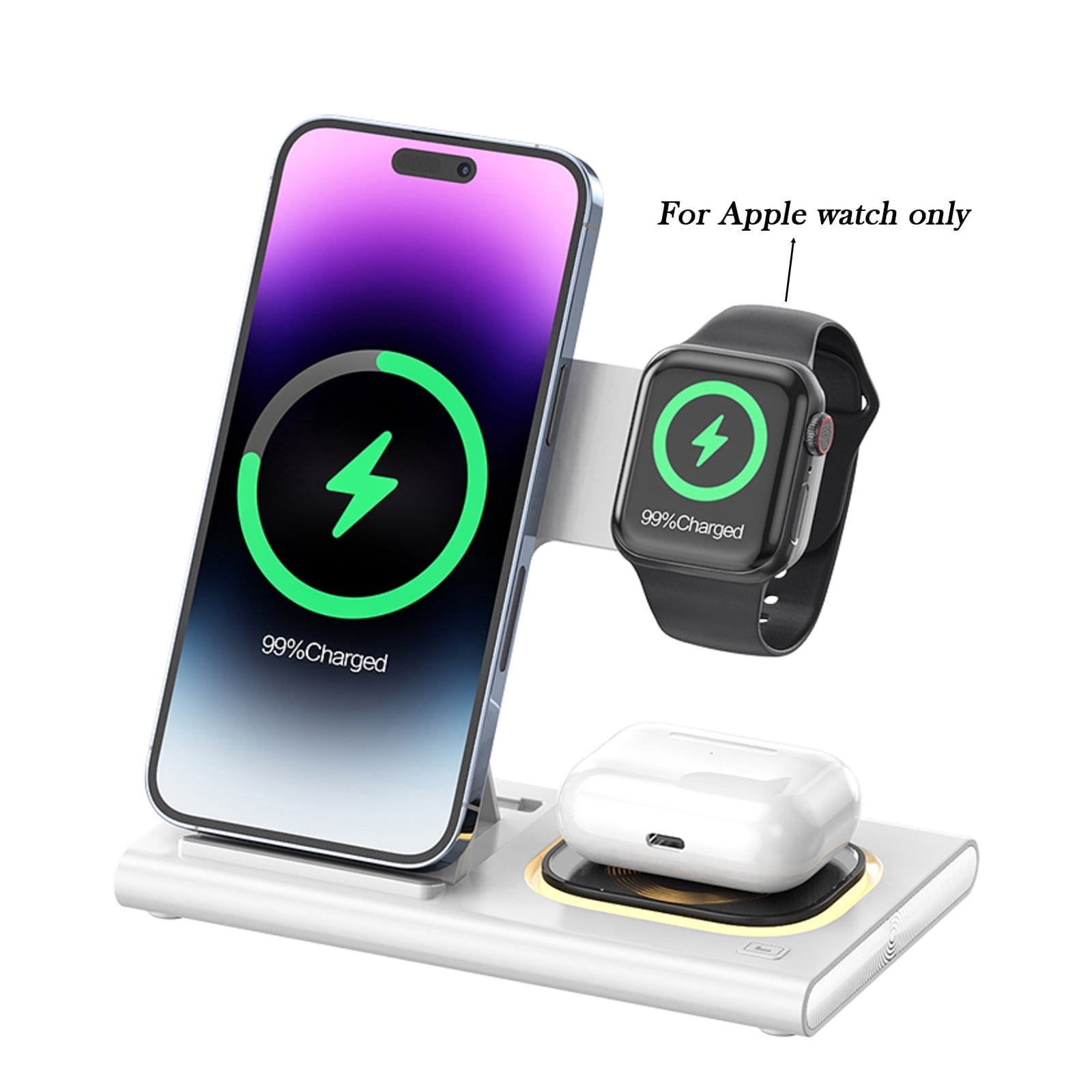 3-in-1 Foldable Wireless Charging Station with Light, Fast Charger Dock for Apple Watch, iPhone, AirPods & Samsung Phones