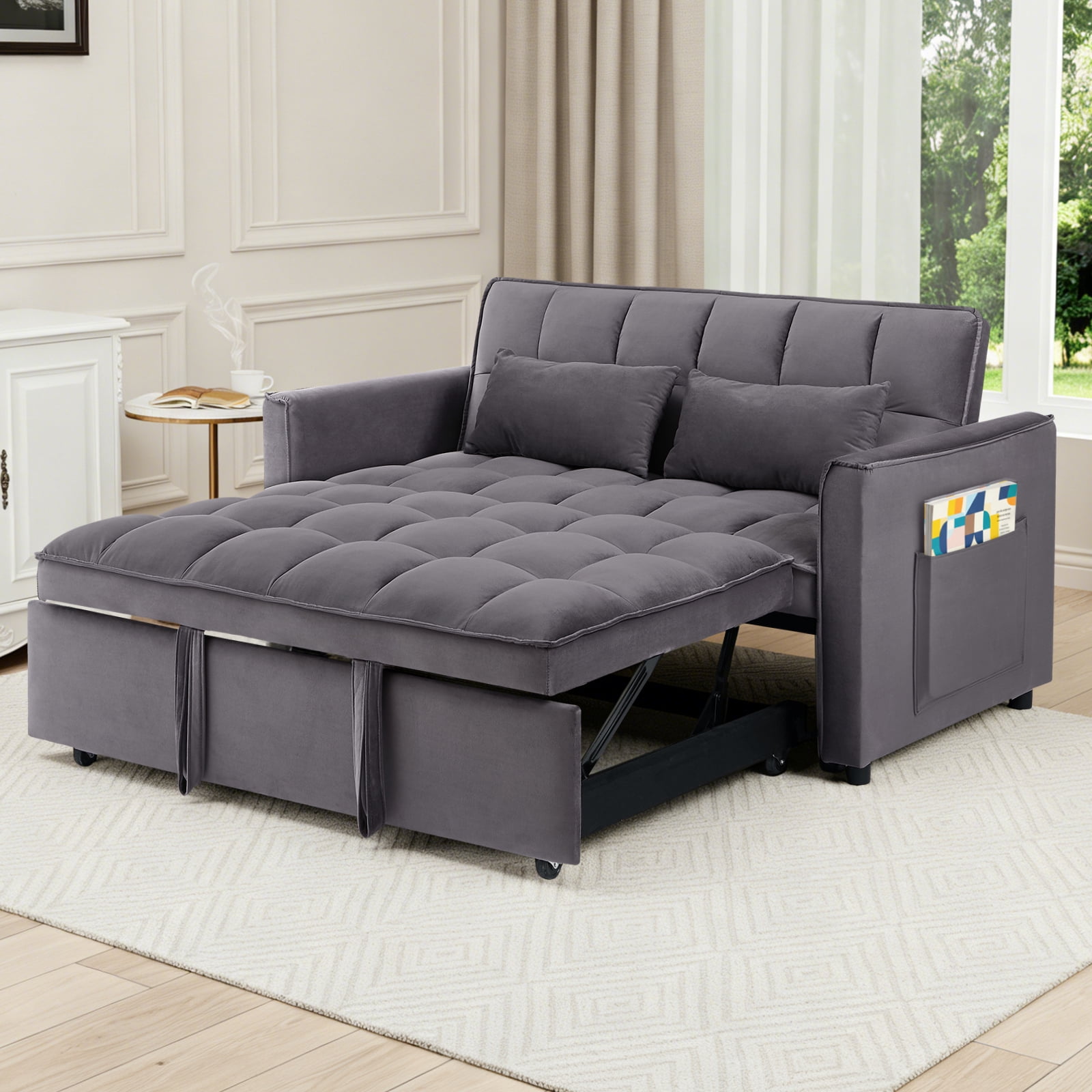 3 in 1 Folding Convertible Sofa Bed,55'' Pull Out Couch Bed with Side Pocket,Velvet Fabric Loveseat Sleeper Sofa with Adjustable Backrest,Easy Assembly,Perfect for Living Room,Grey