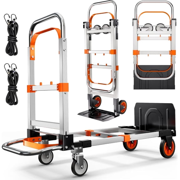 3 in 1 Folding Hand Cart with Wheels, 660lbs Capacity Foldable Utility Cart Trolley Cart Convertible for Moving Furniture Shopping for Garden Office Warehouse