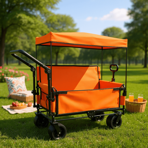 3 in 1 Folding Wagon Cart with Bench Seat,Multi Functional Seat Wagon with Canopy,Storage,Side Zippers,Heavy Duty Cart with 180L Capacity, All Terrain Wagon for Camping, Beach, Sports,Garden,Orange