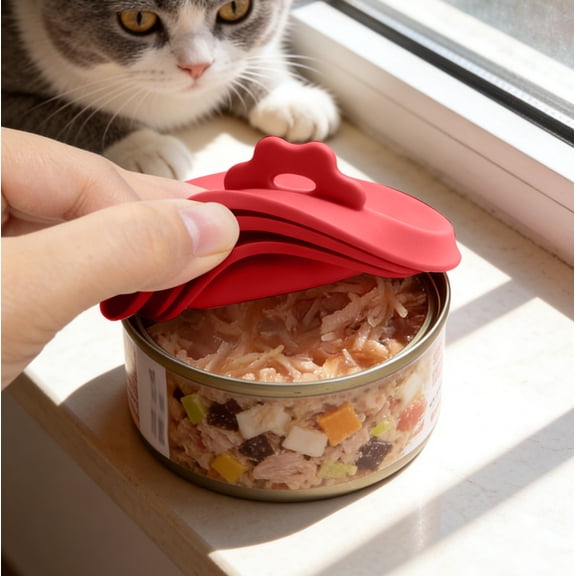 3 In 1 Food Grade Silicone Pet Can Lid, Airtight Seal Freshness Preserver, Moistureproof Cover for Cat and Dog Food Cans, Easy to Use, Durable and BPA Free Red