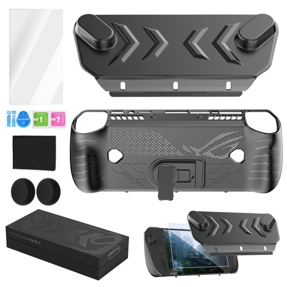3 in 1 Full Case Accessory for ASUS ROG Ally X, Protective Case with Detachable Front Cover and Kickstand, Tempered Glass Film, 2 Thumb Grip Caps, Non-Slip and Anti-Scratch Design Cover Protector