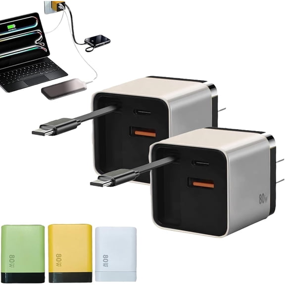 3 in 1 GaN Charger, Scalable 80w Max Fast Charger Module with Type C Cable and 2 USB Ports,Torbe 80 Watt All in One Retractable Phone Wall Plug for Phone and Laptops