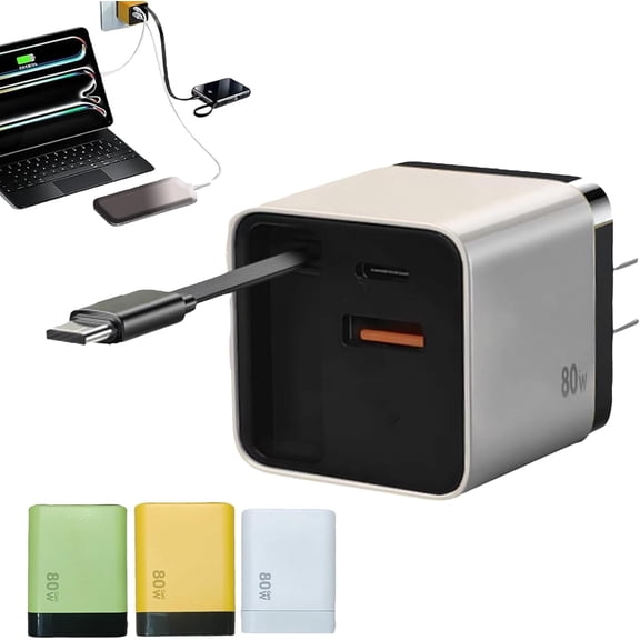 3 in 1 GaN Charger, Scalable 80w Max Fast Charger Module with Type C Cable and 2 USB Ports,Torbe 80 Watt All in One Retractable Phone Wall Plug for Phone and Laptops