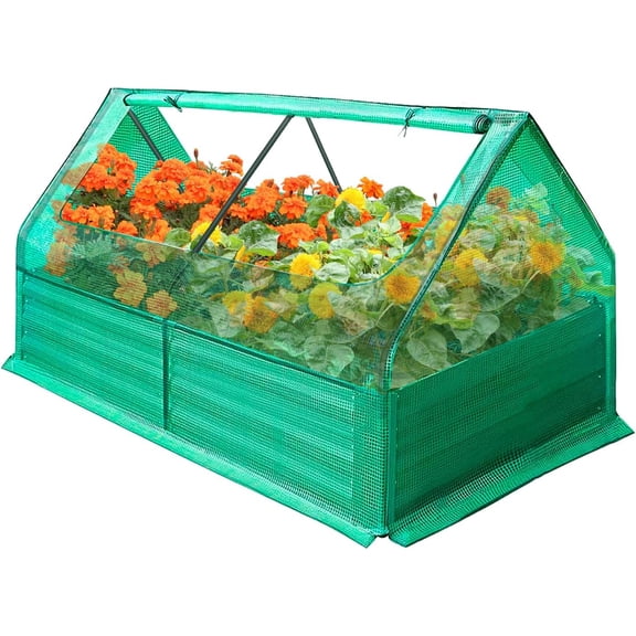 3 in 1 Galvanized Raised Garden Bed with Cover, High Strength Planter Box(Metal) Kit, Open-Ended Base & 2 Large Zipper Breathable Windows, Mini Greenhouse for Multi-Weather Use, Green (4X3X1 Ft)