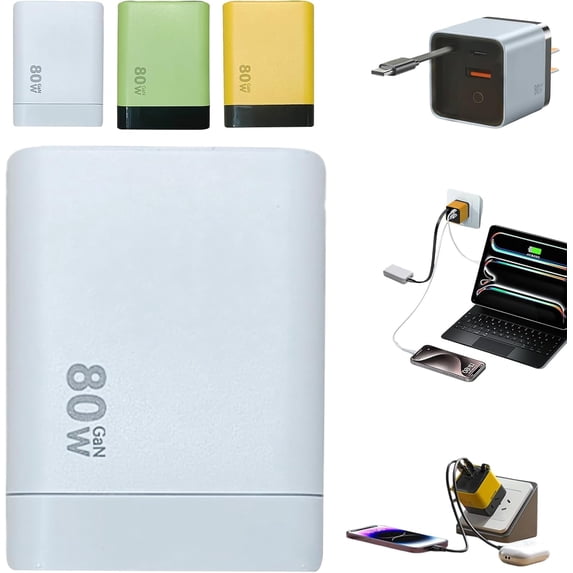 3 in 1 Gan Chargers,Scalable 80w Max Fast Charger Module with Type-C Cable and 2 USB Ports, Retractable Phone Charger Wall Plug for Phone and Laptops with Fast Charging Cable, White