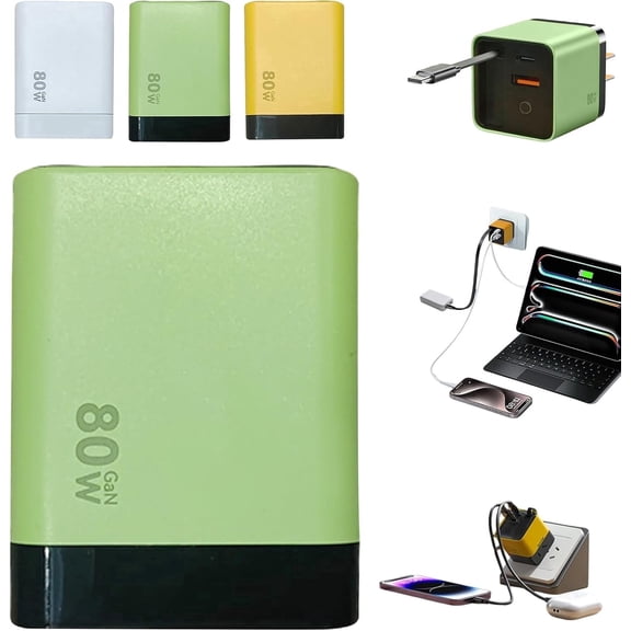 3 in 1 GaN Charger, Scalable 80w Max Fast Charger Module with Type C Cable and 2 USB Ports, Green