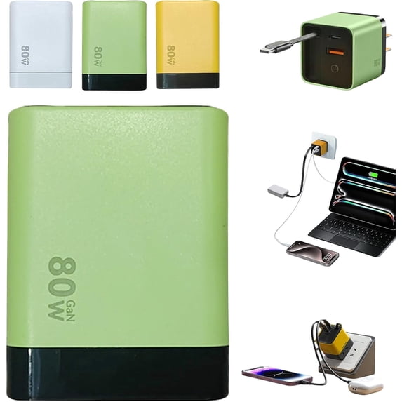 3 in 1 GaN Charger, Scalable 80w Max Fast Charger Module with Type C Cable and 2 USB Ports, Green