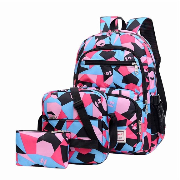 3 in 1 Geometric Camo Nylon Backpack Set, Lightweight Water Resistant Multi-Pocket Daypack with Matching Crossbody Bag & Mini Storage Pouch for Women Daily Commute Outdoor Travel