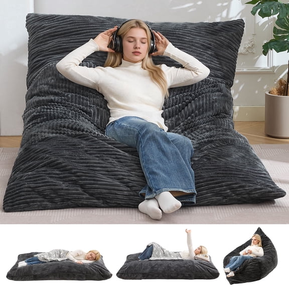 3 in 1 Giant Bean Bag Chair for Adults and Kids, Convertible Bean Bag Bed Sofa Floor Cushion, Corduroy Removable Washable Cover, Comfortable Reading Lounge Chair for Bedroom Living Room Dorm