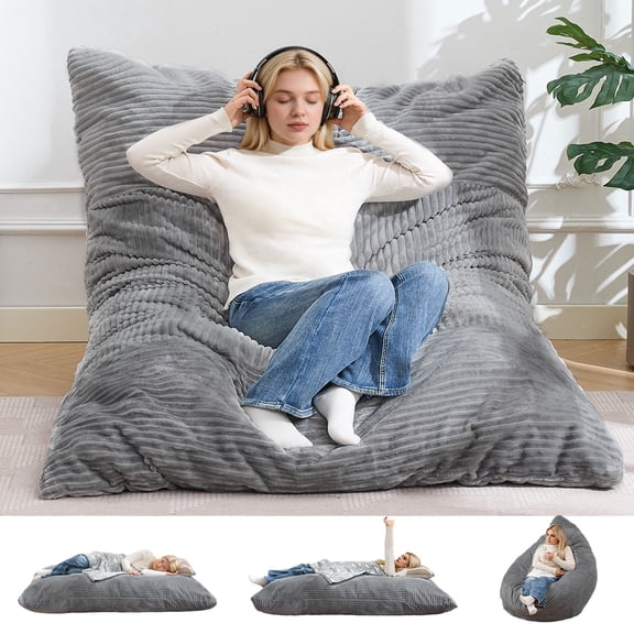 3 in 1 Giant Bean Bag Chair for Adults and Kids, Convertible Bean Bag Bed Sofa Floor Cushion, Corduroy Removable Washable Cover, Comfortable Reading Lounge Chair for Bedroom Living Room Dorm
