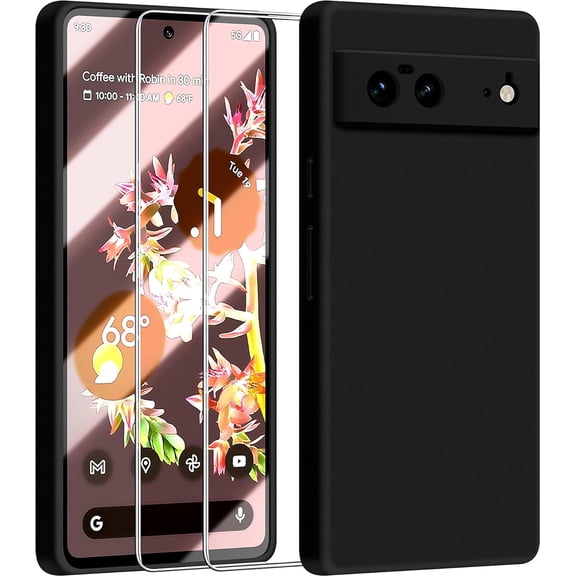 3 in 1 for Google Pixel 6 Case, with 2 Pack Screen Protector, with Full Camera Cover Protection，Liquid Silicone Slim Shockproof Protective Phone Case [Microfiber Lining] (Black)