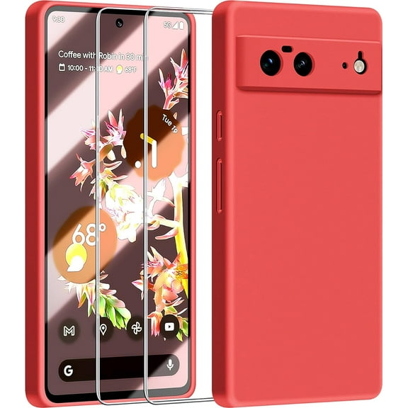 3 in 1 for Google Pixel 6 Case, with 2 Pack Screen Protector, with Full Camera Cover Protection，Liquid Silicone Slim Shockproof Protective Phone Case [Microfiber Lining] (Red)