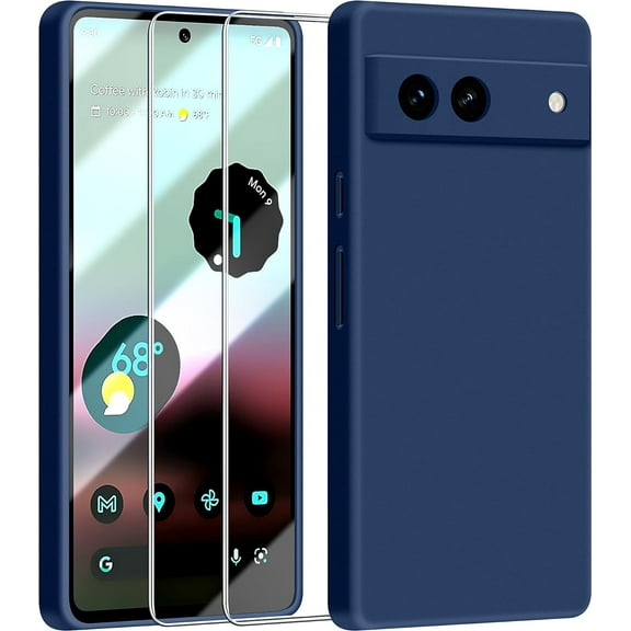 3 in 1 for Google Pixel 6A Case, with 2 Pack Screen Protector, with Full Camera Cover Protection，Liquid Silicone Slim Shockproof Protective Phone Case [Microfiber Lining] (Navy Blue)