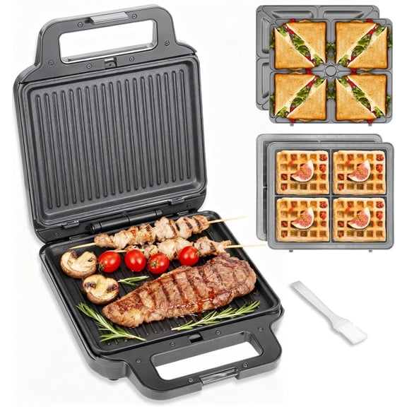 3 in 1 Grill Press with 3 Removable Plates, Breakfast Sandwich Maker, Electric Griddle Press, Grilled Cheese Maker, Sandwichera Electrica, Belgian Waffle Maker