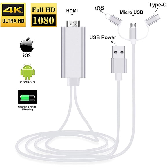 3 in 1 HDMI Mirroring Cable Adapter 3.28FT, USB Type C/Micro USB/Phone to HDMI Adapter for All iPhone, Android Phones, iPad, Support 2K 60Hz 1080P Mirroring to Projector/Monitor/TV