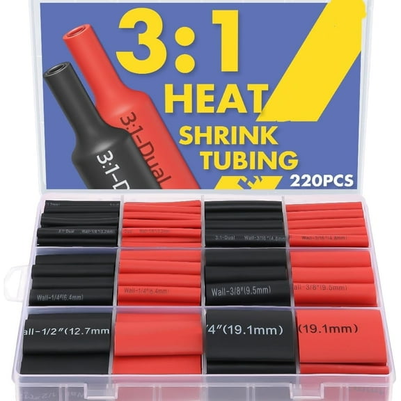 3:1 Heat Shrink Tubing Kit 220PCS - Adhesive Lined Waterproof Marine Grade, 6 Sizes (1/8" to 3/4") for Electrical Wiring, Automotive, Boat & Industrial Use - High Temp Resistant Shrink Wrap