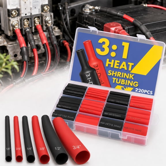 3:1 Heat Shrink Tubing Kit 220PCS - Adhesive Lined Waterproof Marine Grade, 6 Sizes (1/8" to 3/4") for Electrical Wiring, Automotive, Boat & Industrial Use - High Temp Resistant Shrink Wrap