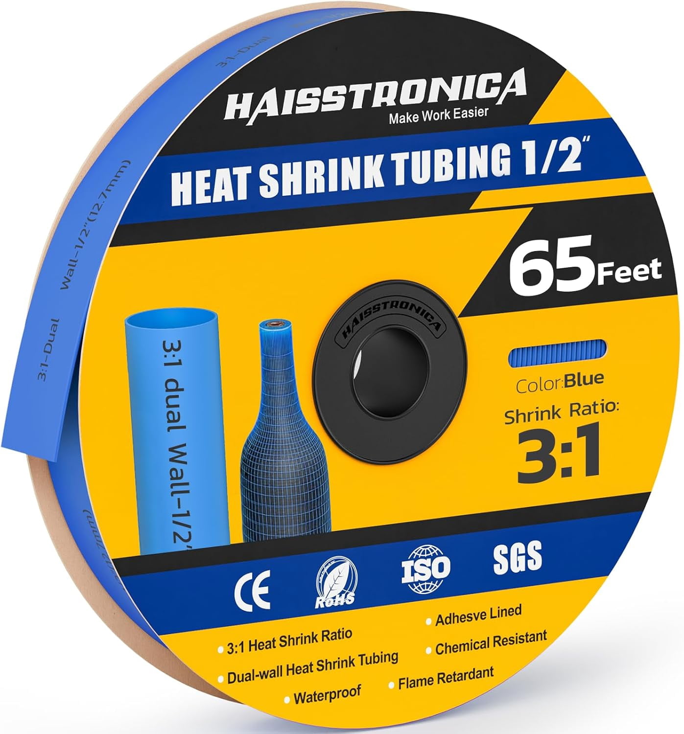 Tavonuxt 1/4 Inch 3:1 Heat Shrink Tubing With Adhesive - 65ft Black Marine Grade For Wires & Cables