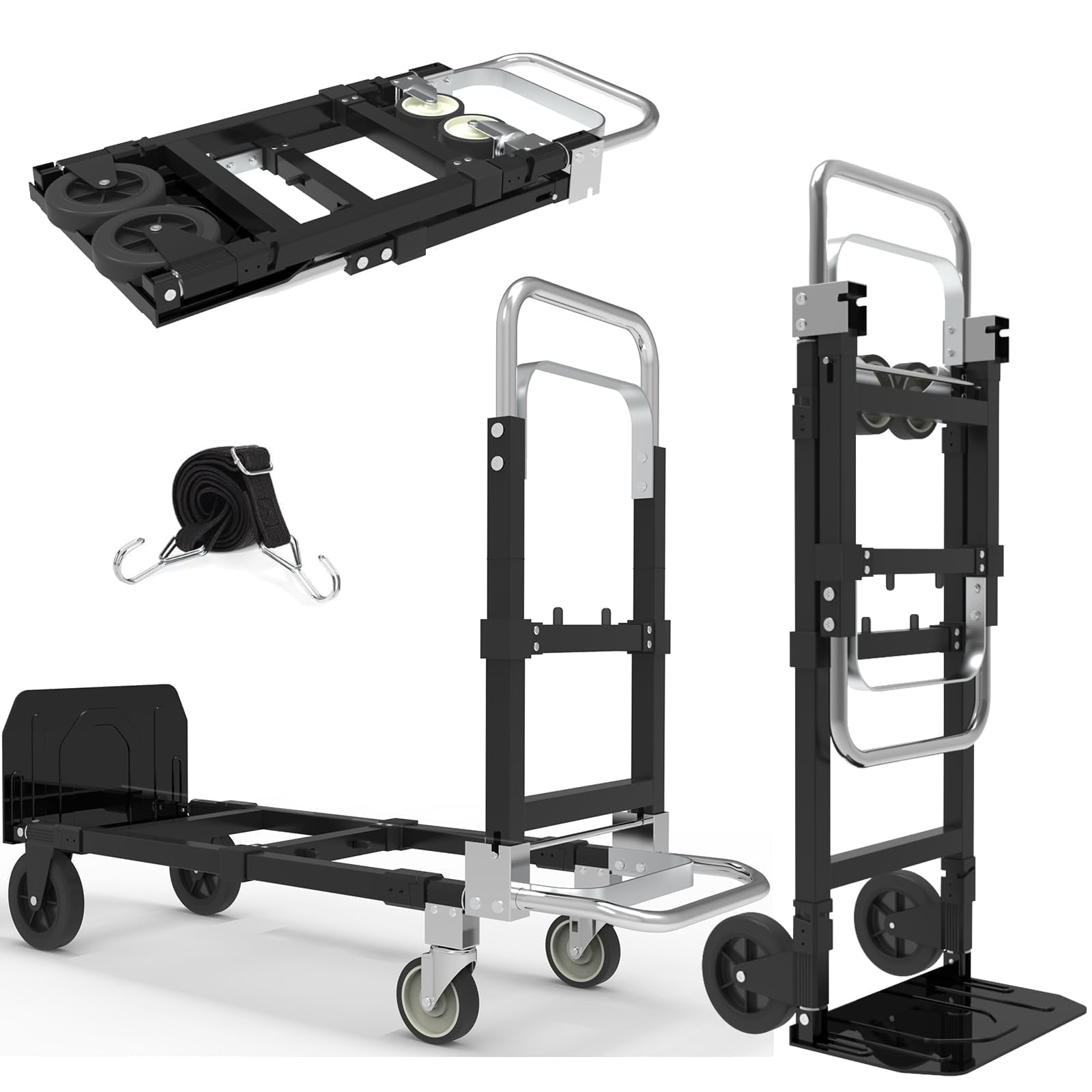 3-in-1 Heavy Duty Folding Dolly, Convertible Hand Truck Portable Steel with Telescopic Handle & Dolly Cart with Rubber Wheels, 580LB Capacity,Black - Walmart.com