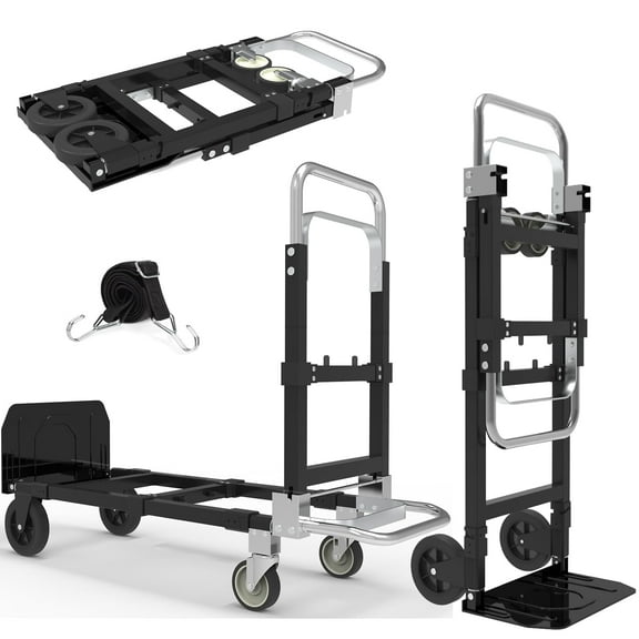 3-in-1 Heavy Duty Folding Dolly, Convertible Hand Truck Portable Steel with Telescopic Handle & Dolly Cart with Rubber Wheels, 580LB Capacity,Black