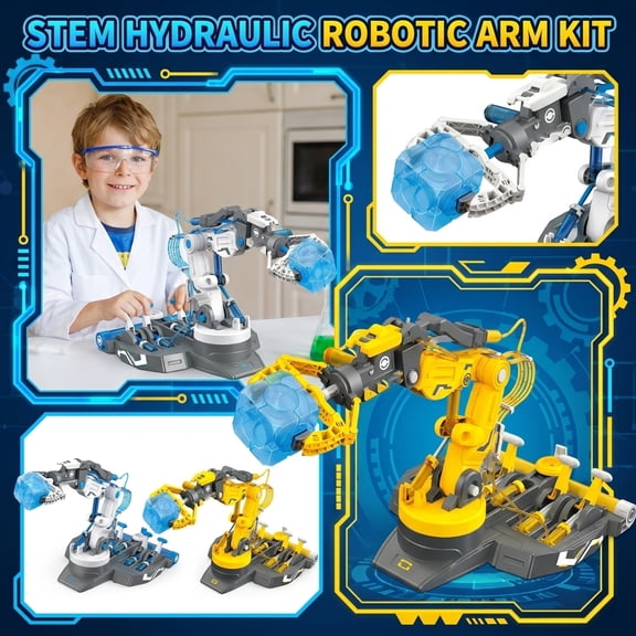 3 in 1 Hydraulic Robot Arm - STEM Building Toys with Jaw Grab, Suction & Tongs for Kids 8-12 | No Batteries Needed Engineering Gift for Boys & Girls Ages 9 10 11 Yellow